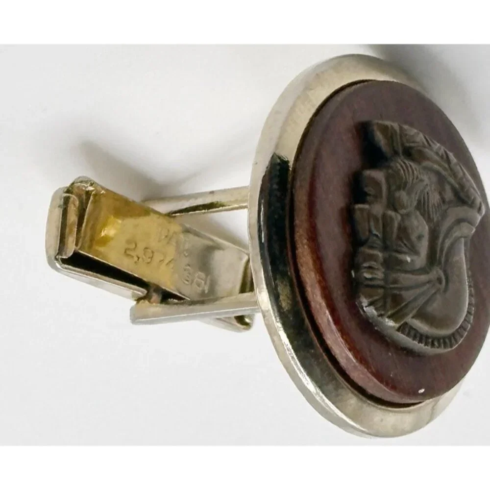 Metal Bronze Cameo Centurion Roman Brown Wood Cufflinks Cuff‎ Links